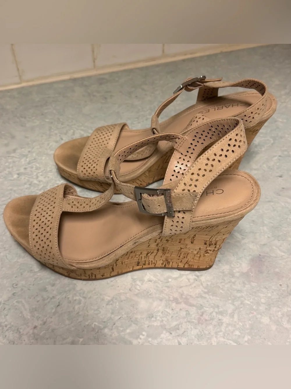 Charles David Women's Beige Suede 4.5” Wedge Sandals with Ankle Strap size 8